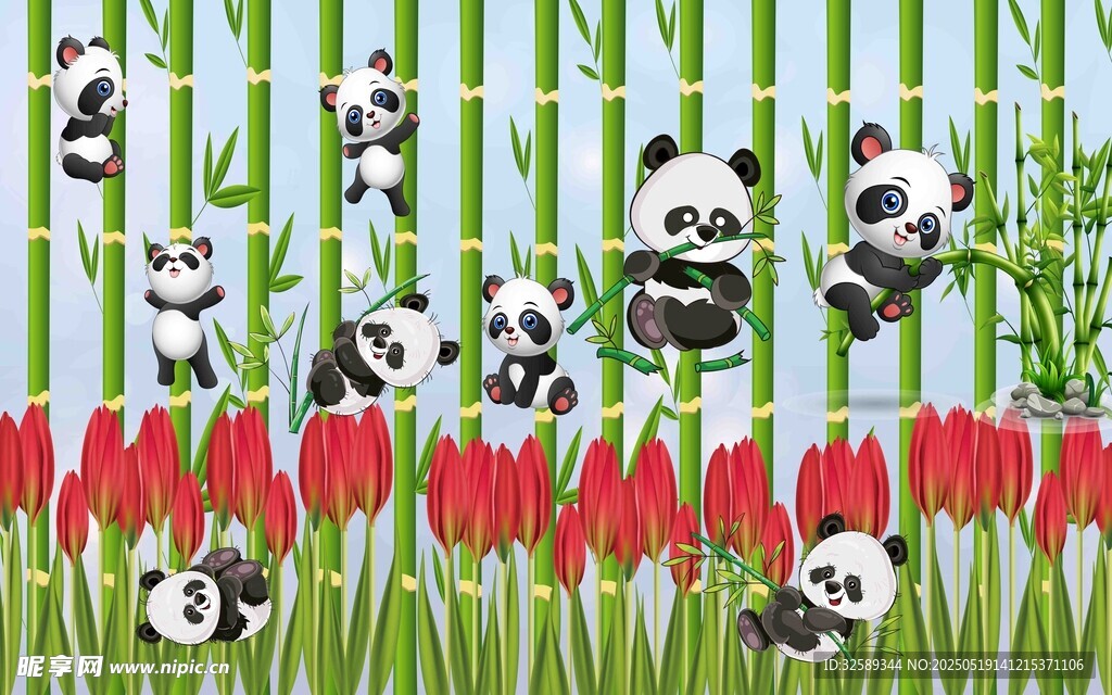 熊猫与郁金香的梦幻场景