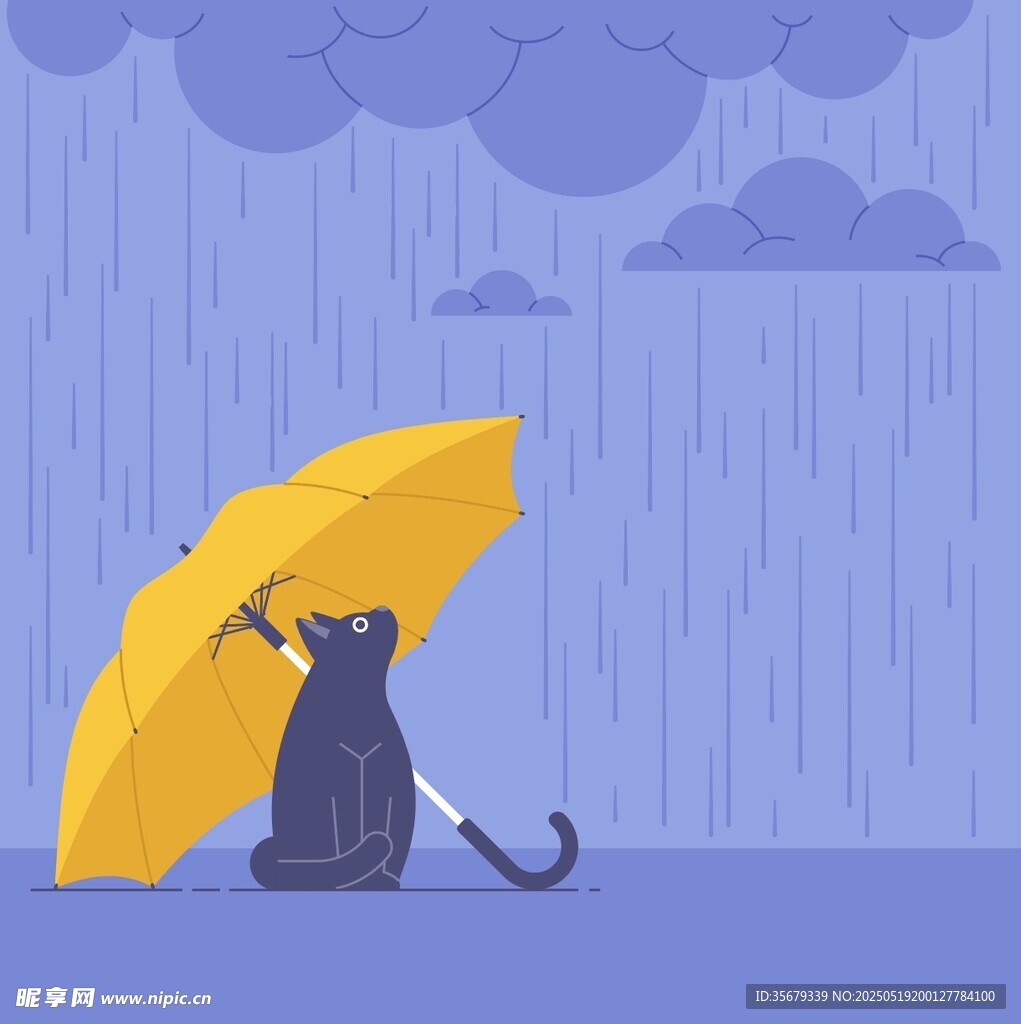雨中撑伞的黑猫