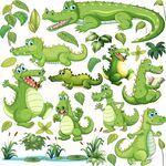 可爱鳄鱼与热带植物插画