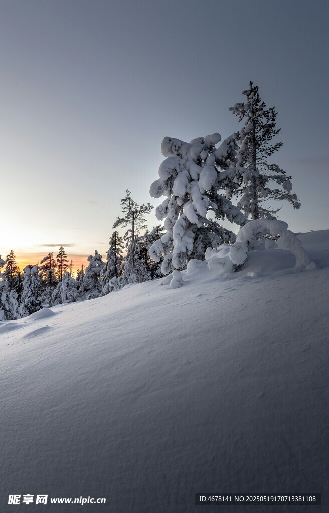 雪覆山林的静谧黄昏