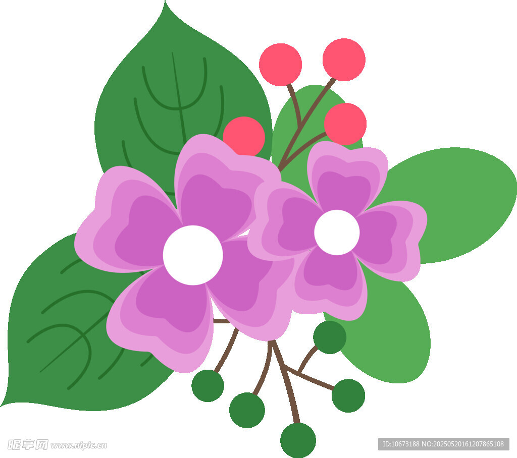 紫色花卉与绿叶插画