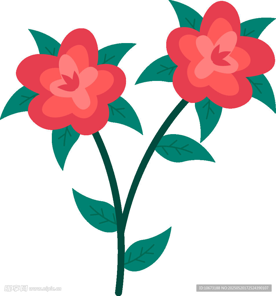 两朵红花绿叶插画图案