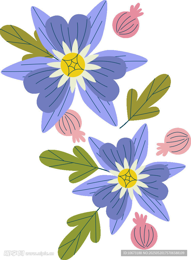 蓝粉花卉插画图案设计