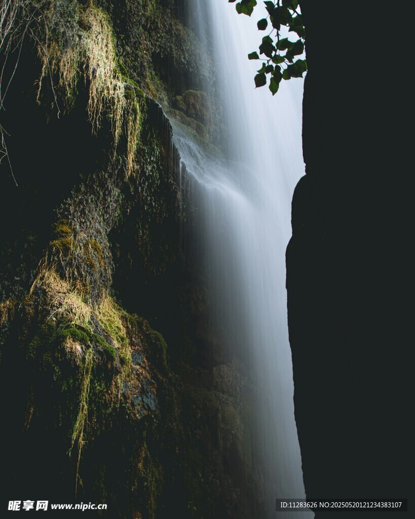 山间瀑布与葱郁苔藓景观