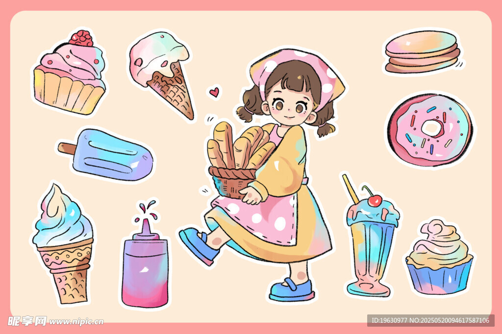 女孩与缤纷甜品插画