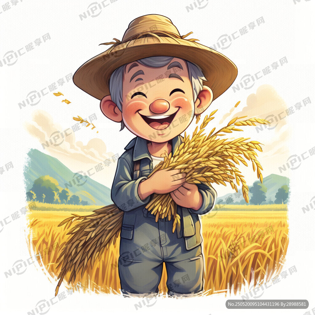 卡通农民伯伯抱着稻穗