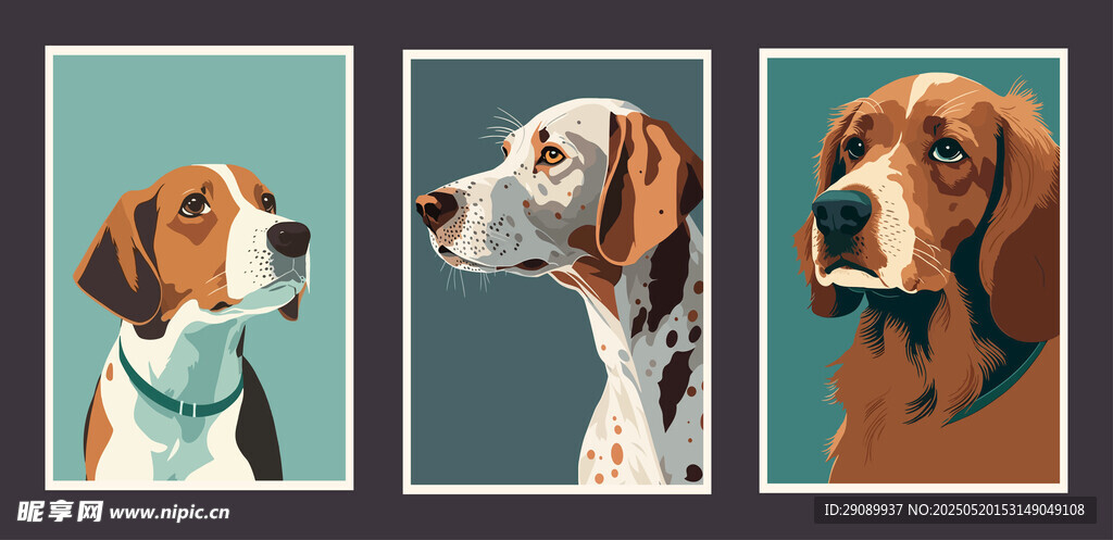 三只猎犬肖像插画
