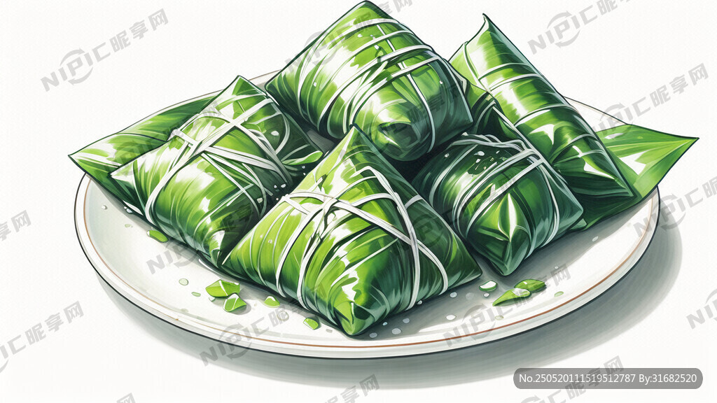 一盘绿色的粽子 插画 白色背景