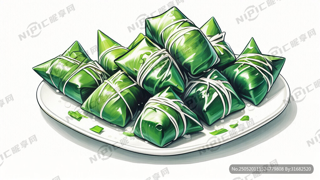 一盘绿色的粽子 插画 白色背景