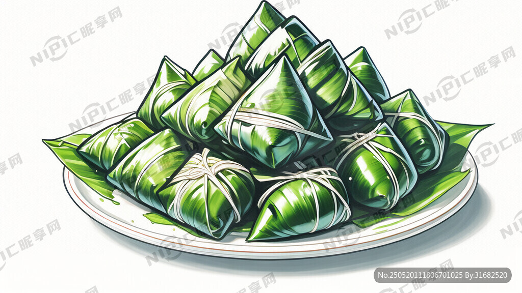 一盘绿色的粽子 插画 白色背景
