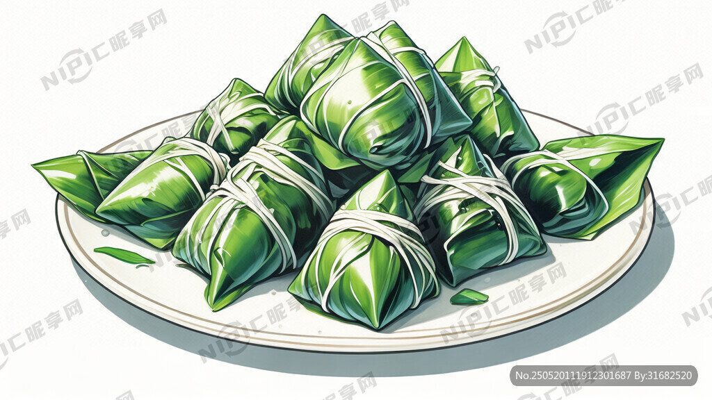 一盘绿色的粽子 插画 白色背景