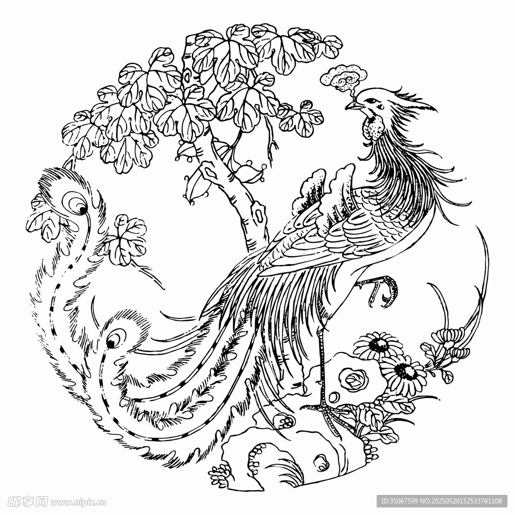 中式凤凰花卉树木图案