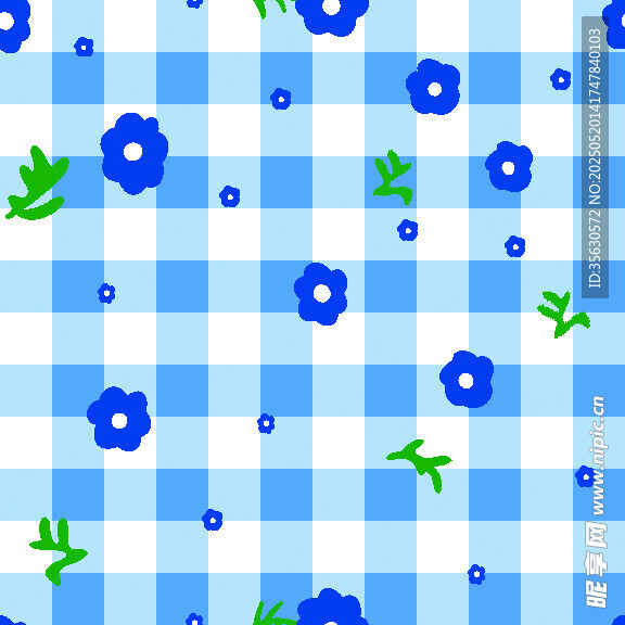 蓝白格底蓝色小花图案