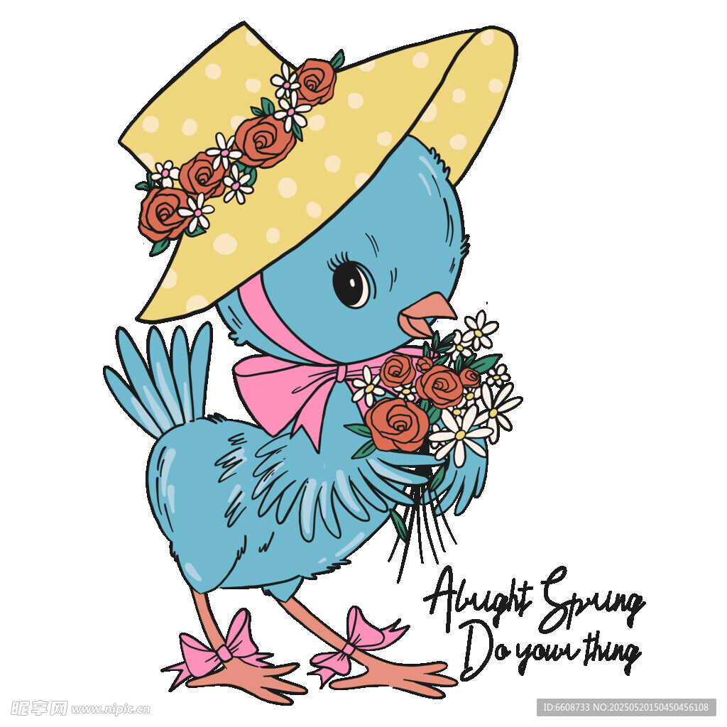 戴帽蓝小鸡捧花送祝福