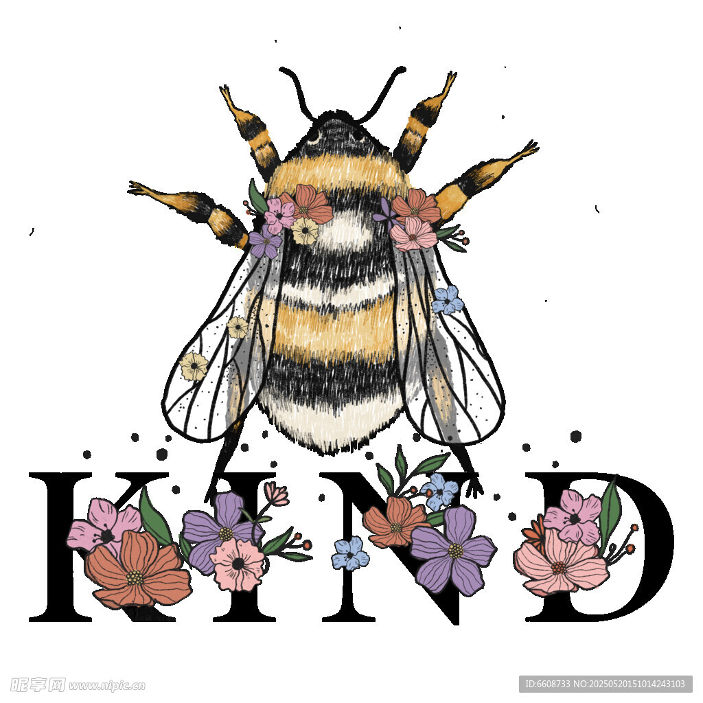 蜜蜂与花朵组成的KIND字样