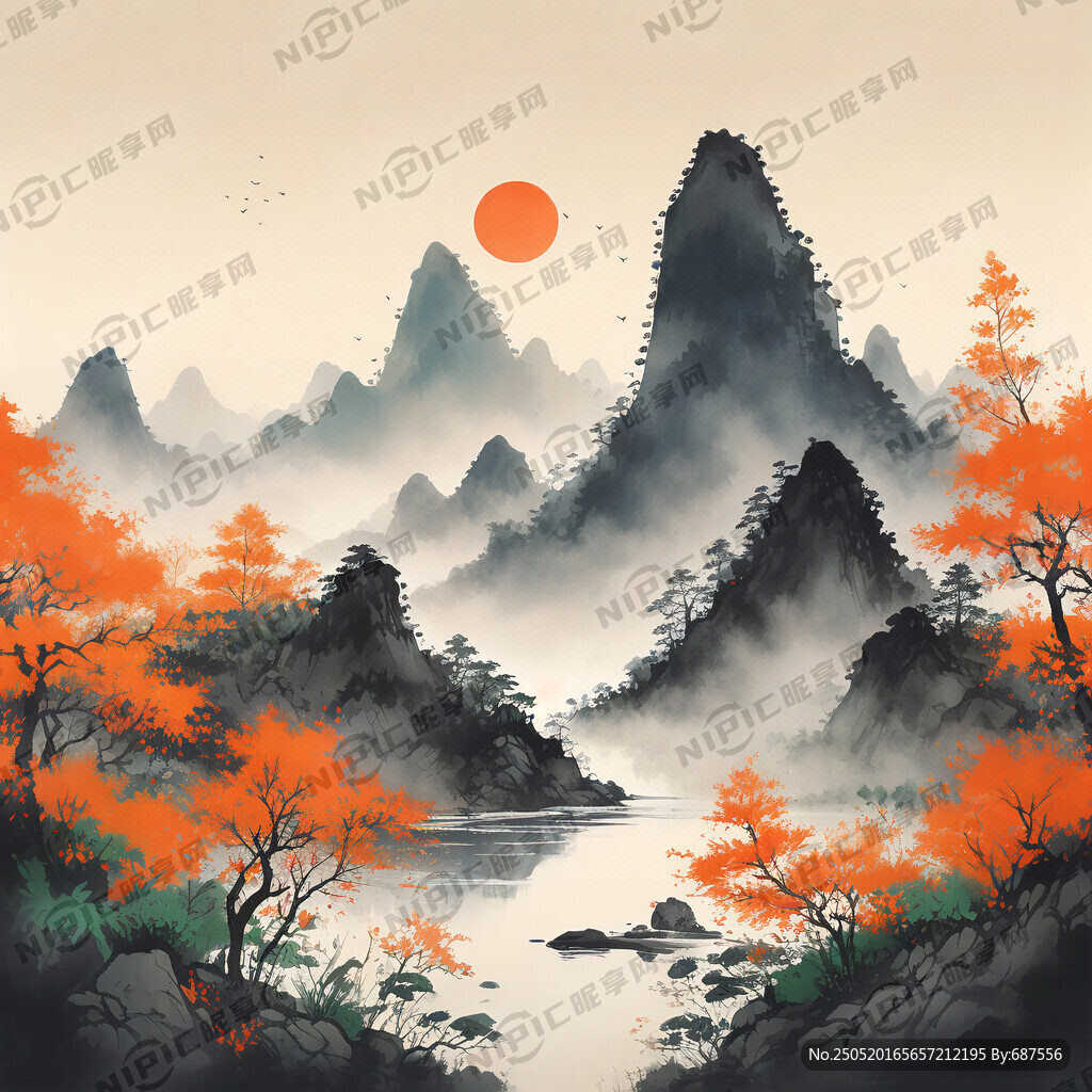 绿叶 黄桃 蓝天白云 山峦
