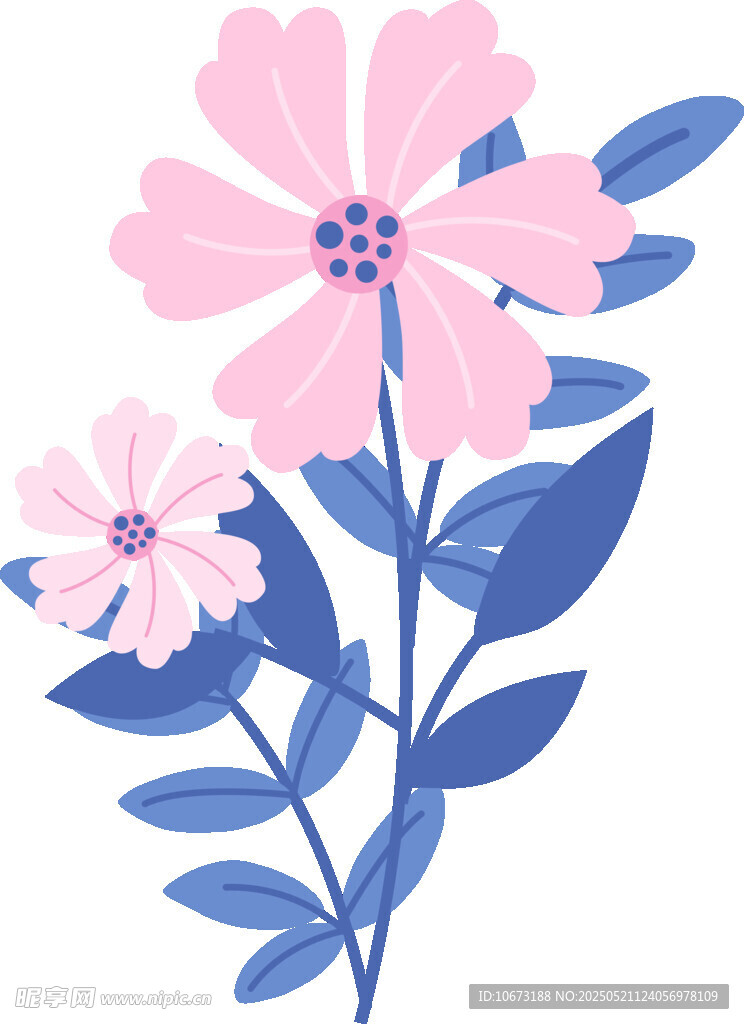 粉色花朵与蓝叶插画