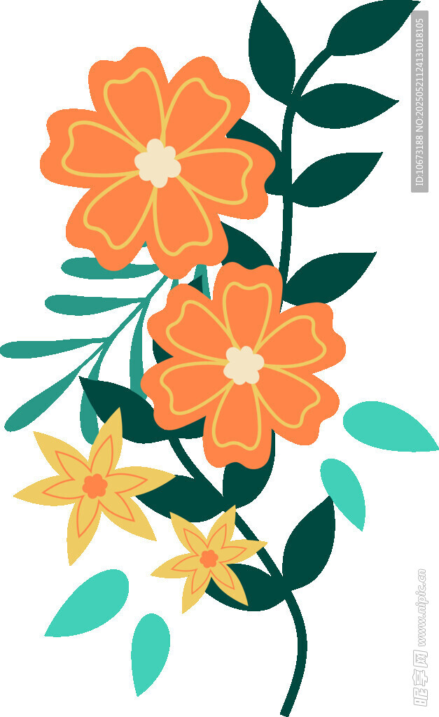 橙色花卉枝叶插画图案