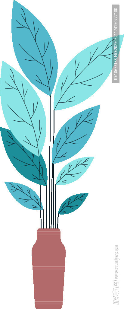 蓝叶植物插于红陶花瓶中