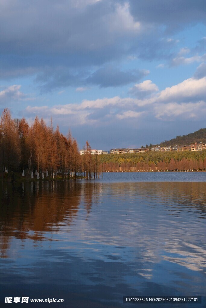 湖畔秋景 湖水映树与蓝天