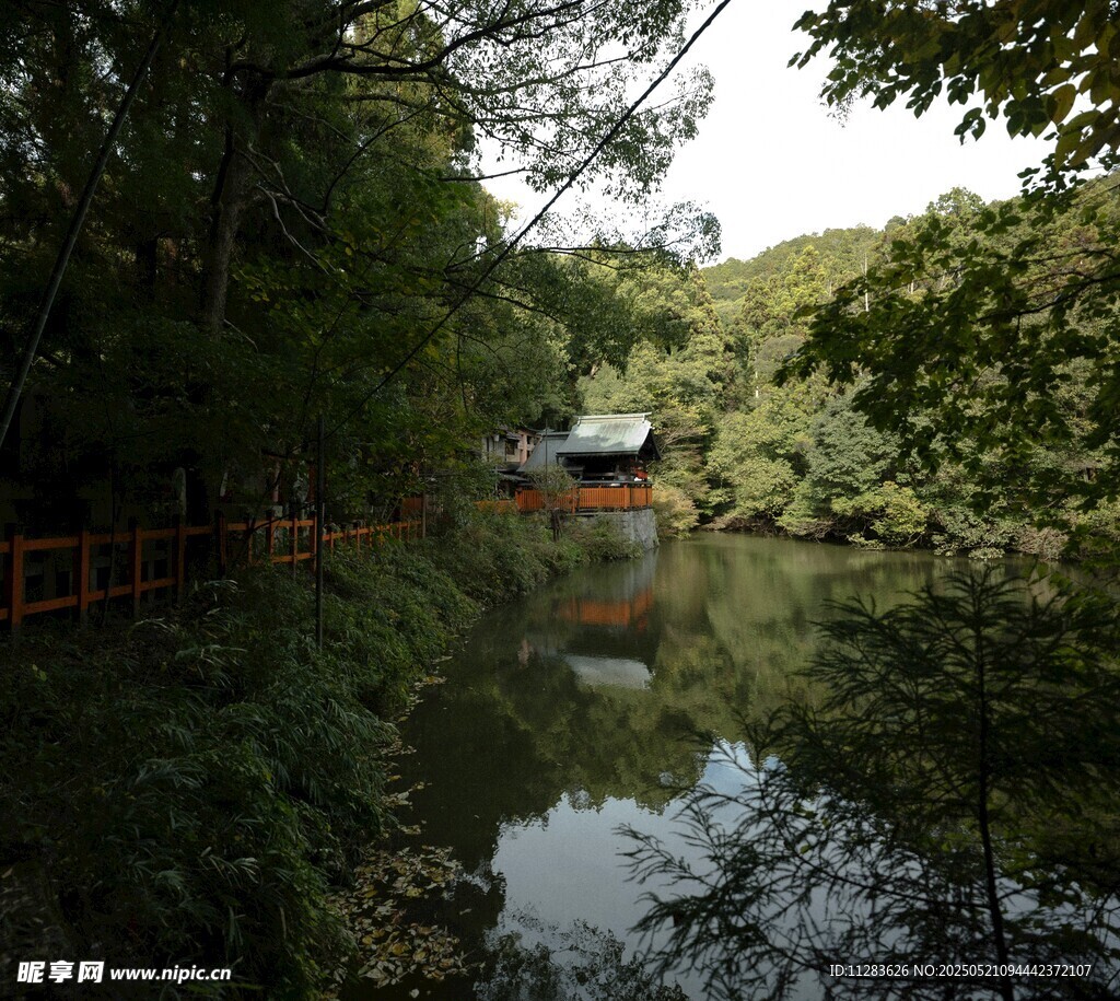 林间静谧湖水与小屋