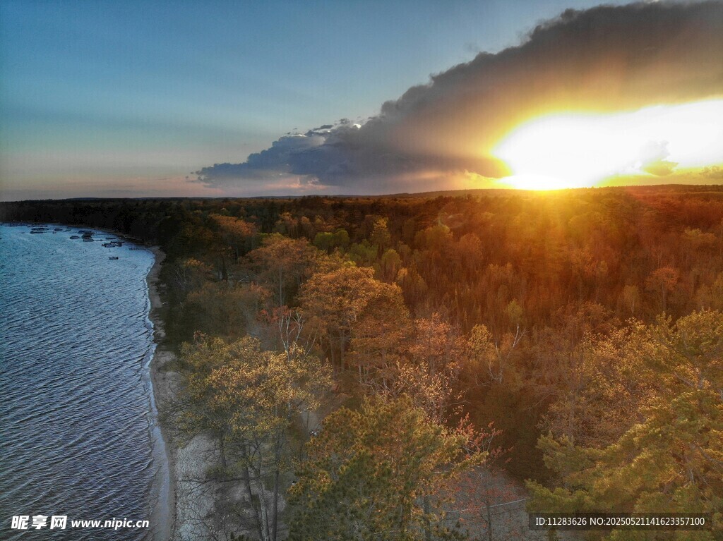 夕阳下的湖畔森林美景