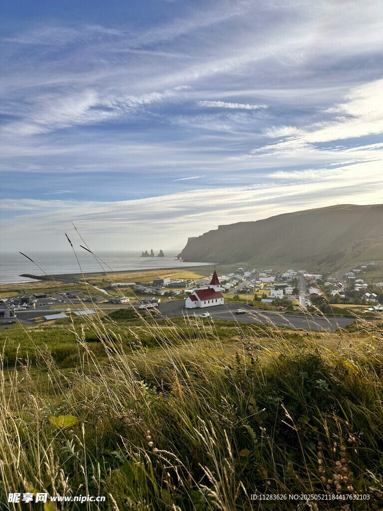 海边草地与远处城镇风景