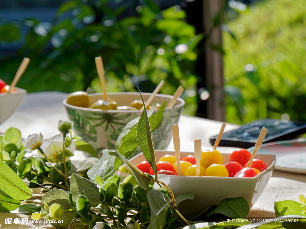 户外野餐美食与绿植场景
