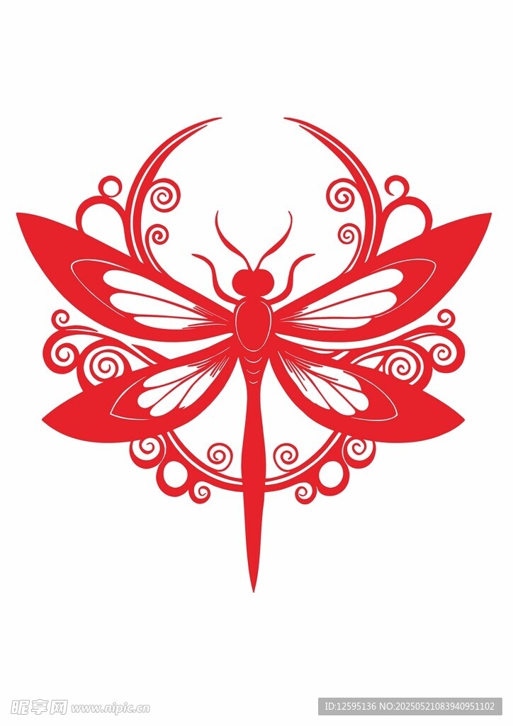 红色剪纸风蜻蜓图案设计