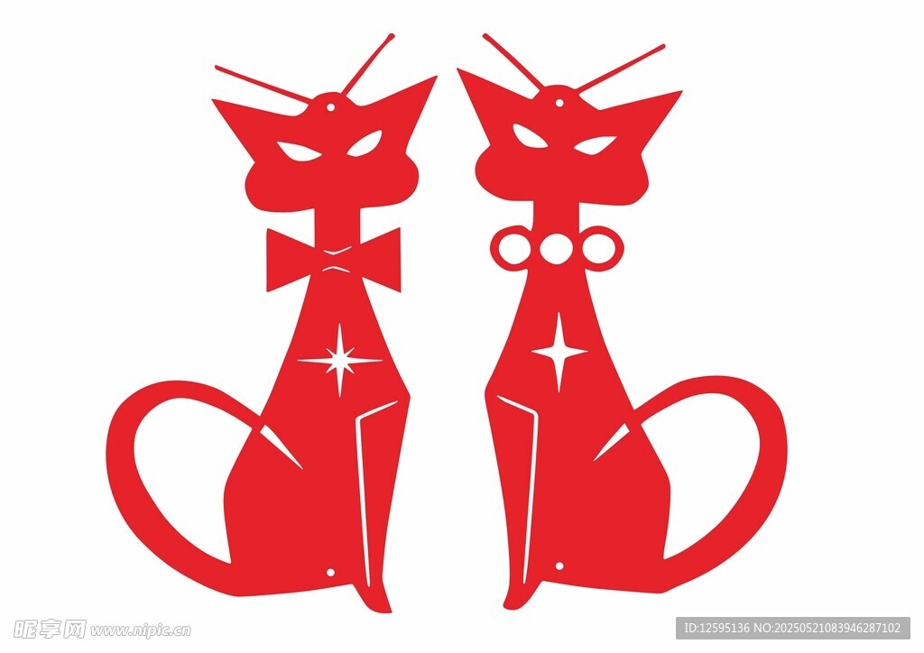 红色剪纸风双猫图案