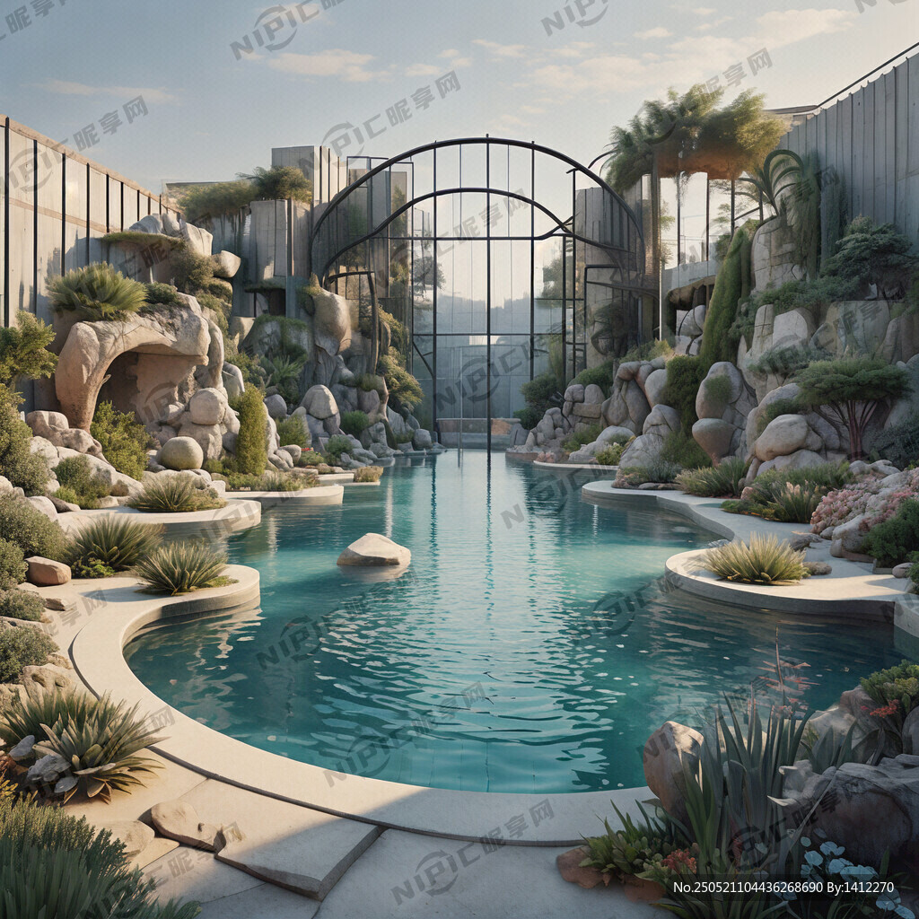 工厂大门迎面墙前面做弧形水池里