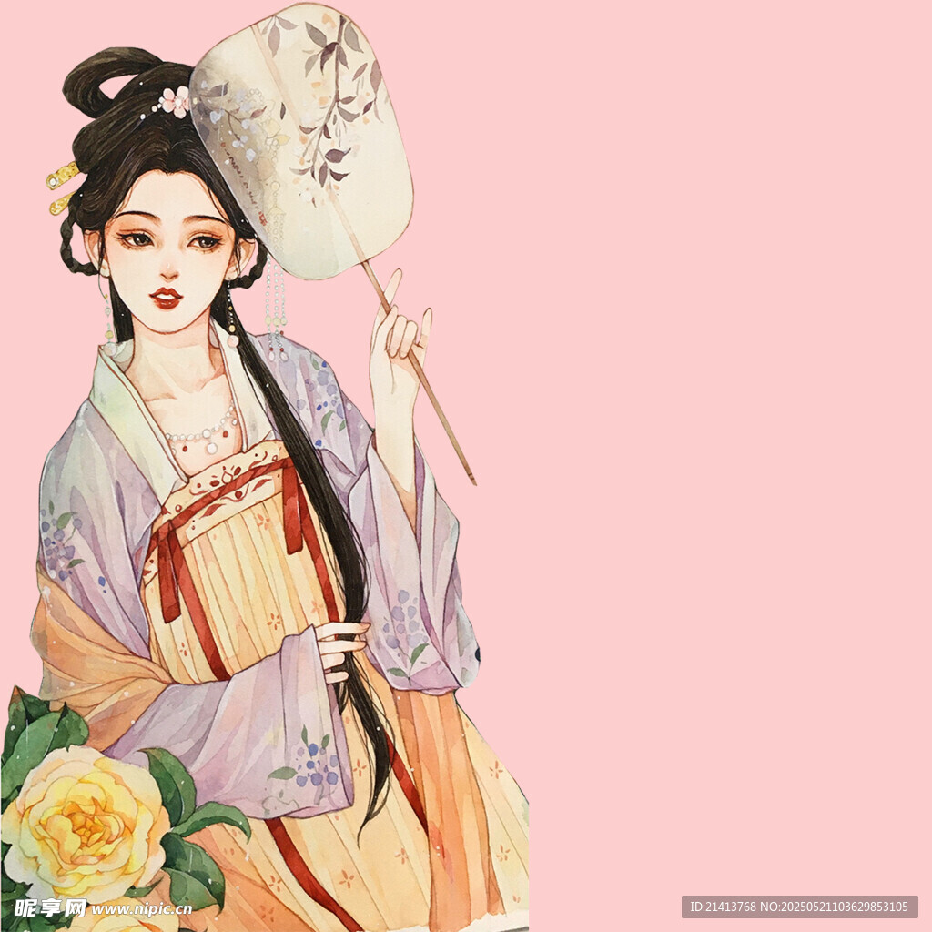 汉服女子持扇赏花