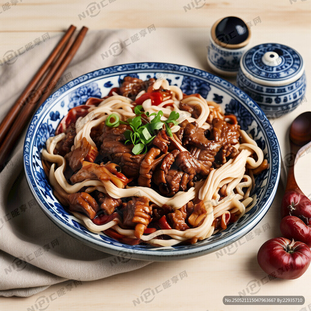 青花瓷碗、腰花、肉丝、面条、
