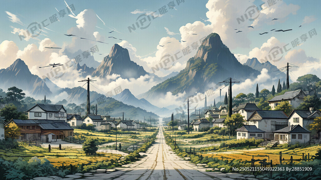 生成一副现代乡村振兴图画 