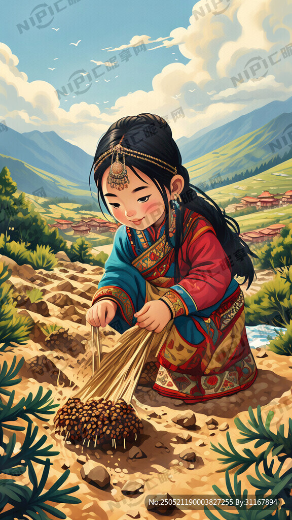藏族女孩挖松茸卡通海报