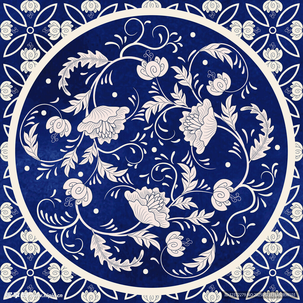 中式蓝白花卉圆形传统图案