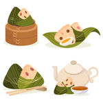 可爱粽子与茶具插画