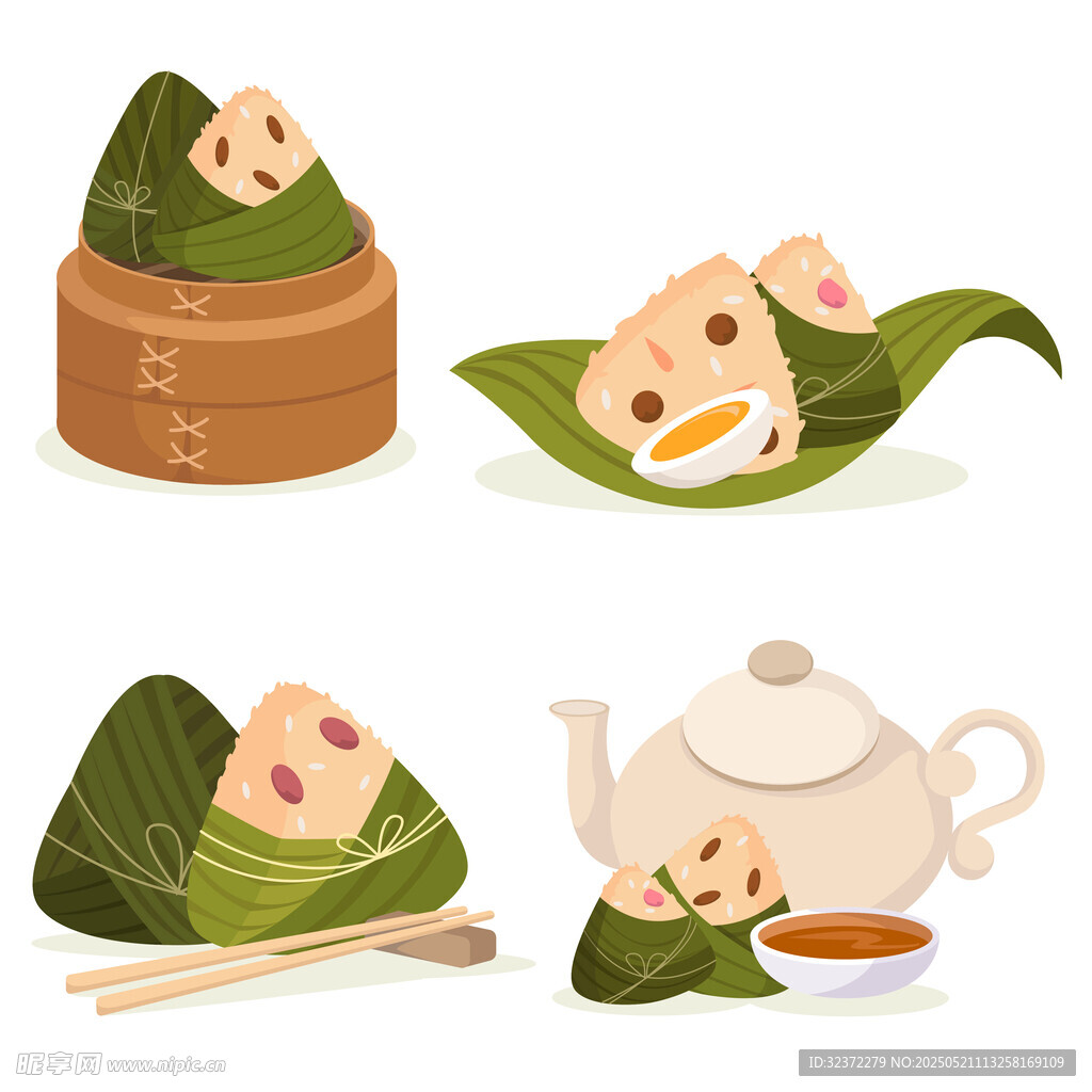 可爱粽子与茶具插画