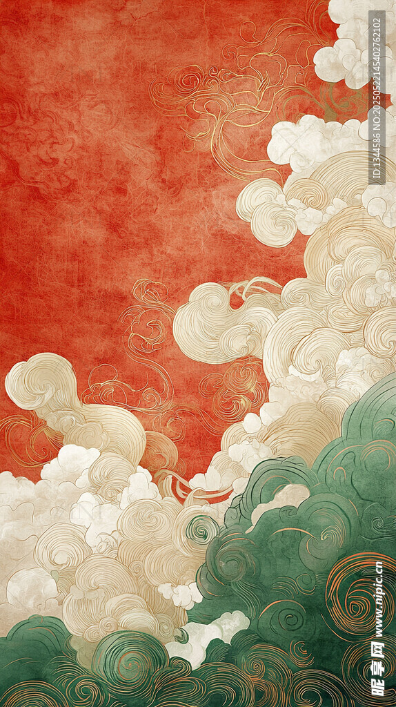 中式海浪红底国风插画