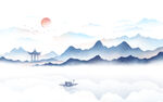 水墨山水间的孤舟落日