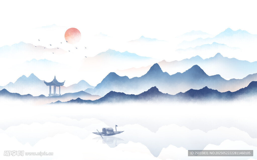 水墨山水间的孤舟落日