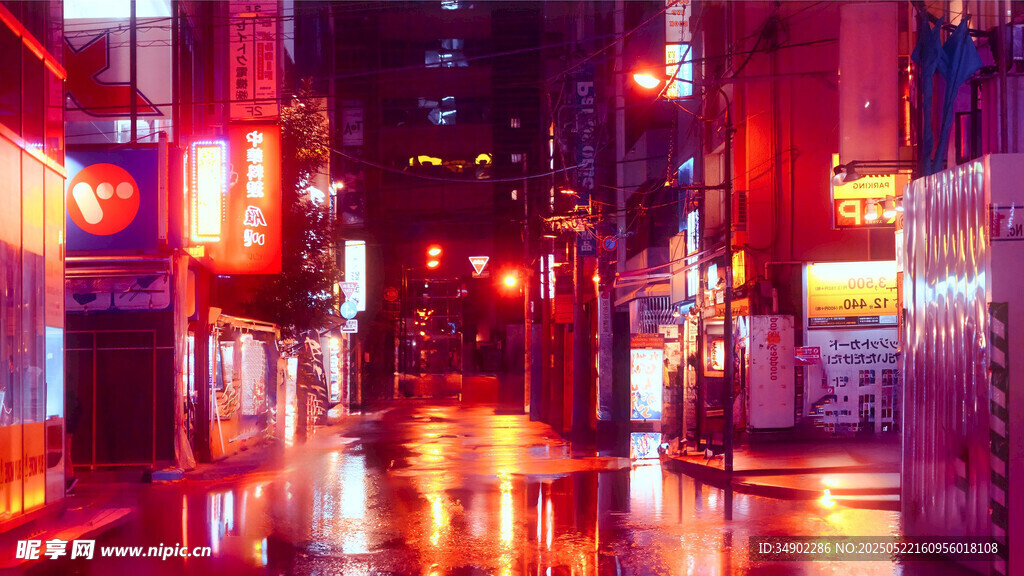 雨夜霓虹下的城市街道