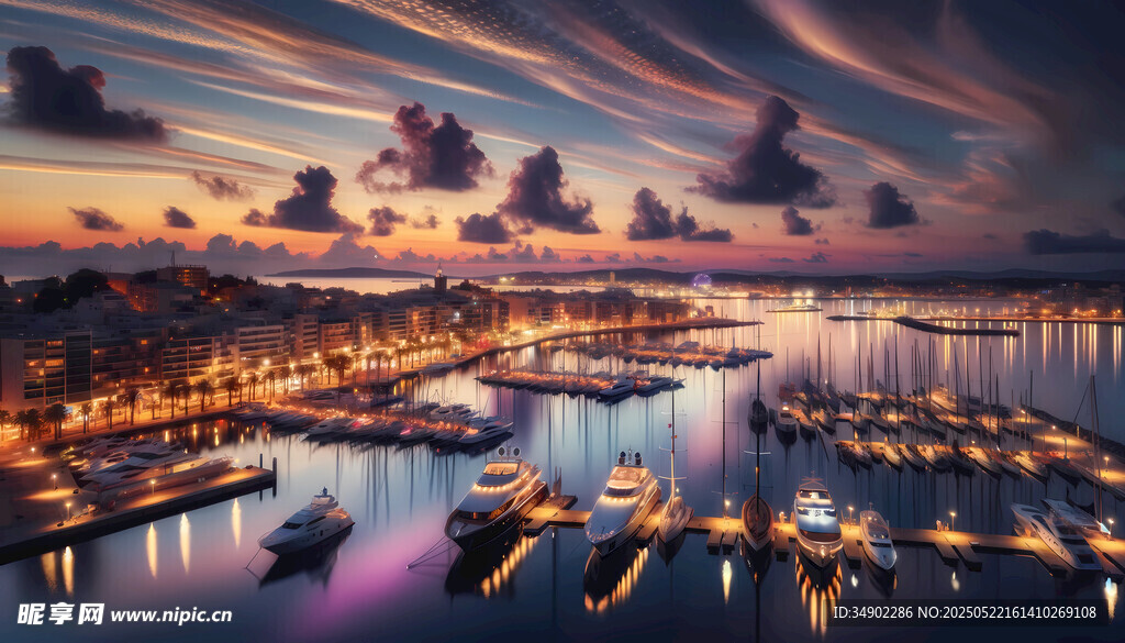 海港暮色中的船只美景