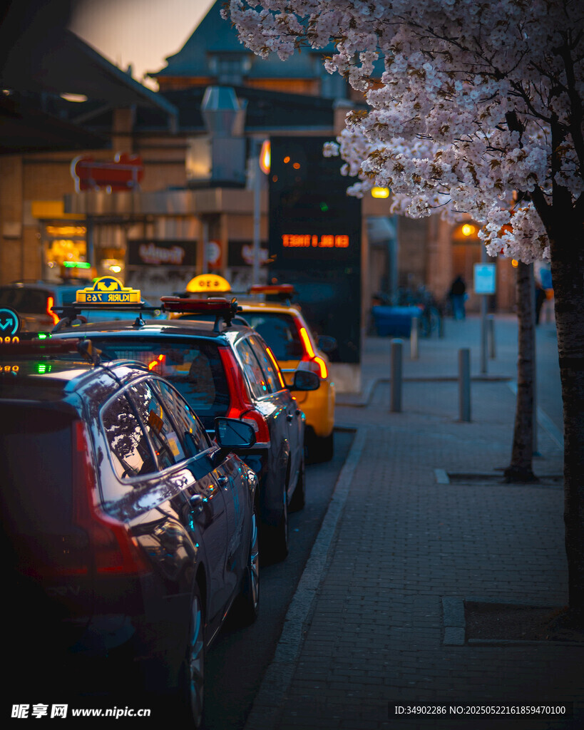 城市街道夜景中的出租车