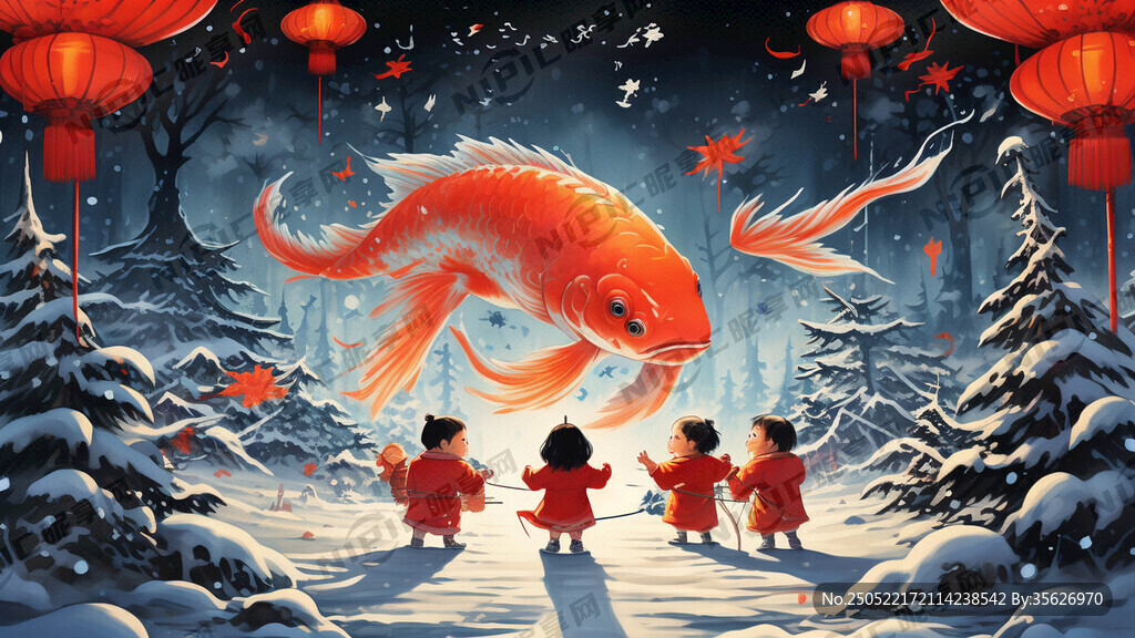 新年  雪地 小孩 锦鲤 灯笼