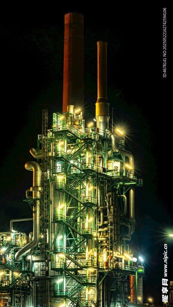 夜间灯火通明的炼油厂