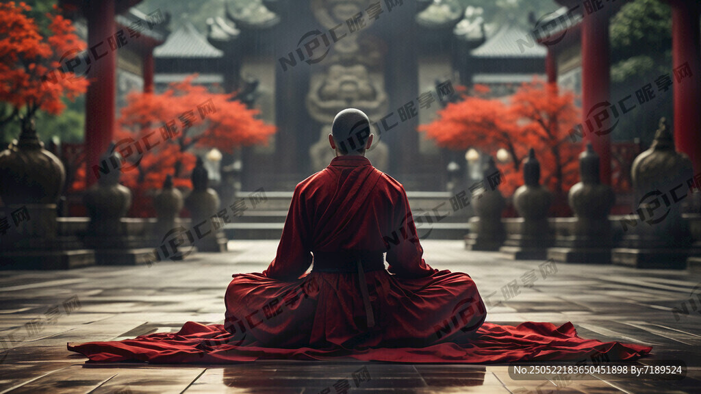 庙堂 打坐的红衣僧人 背影