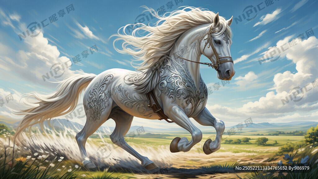 描绘了着装饰银鞍的白马 大场景
