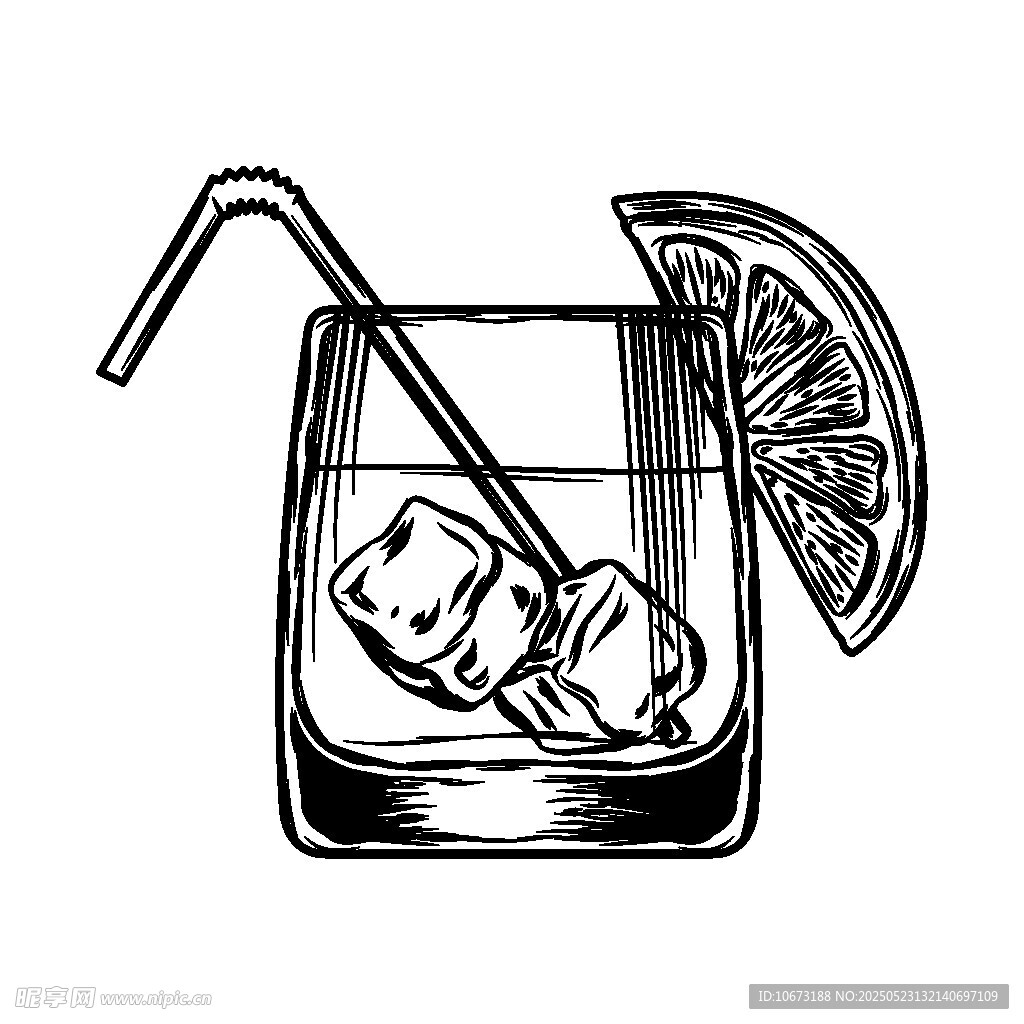 手绘冰饮配柠檬与吸管