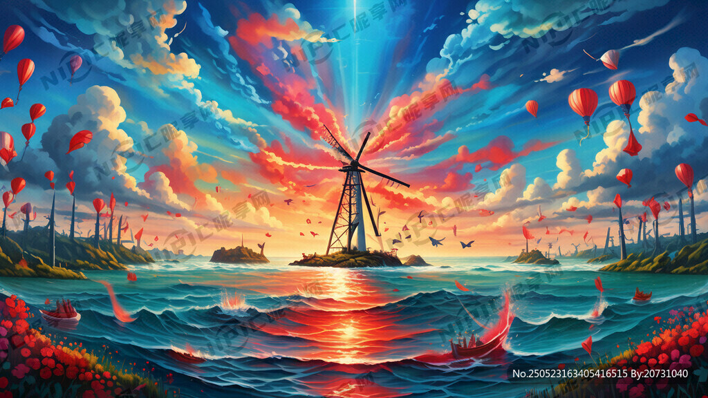 主色调蓝红绿 海上风车 海洋